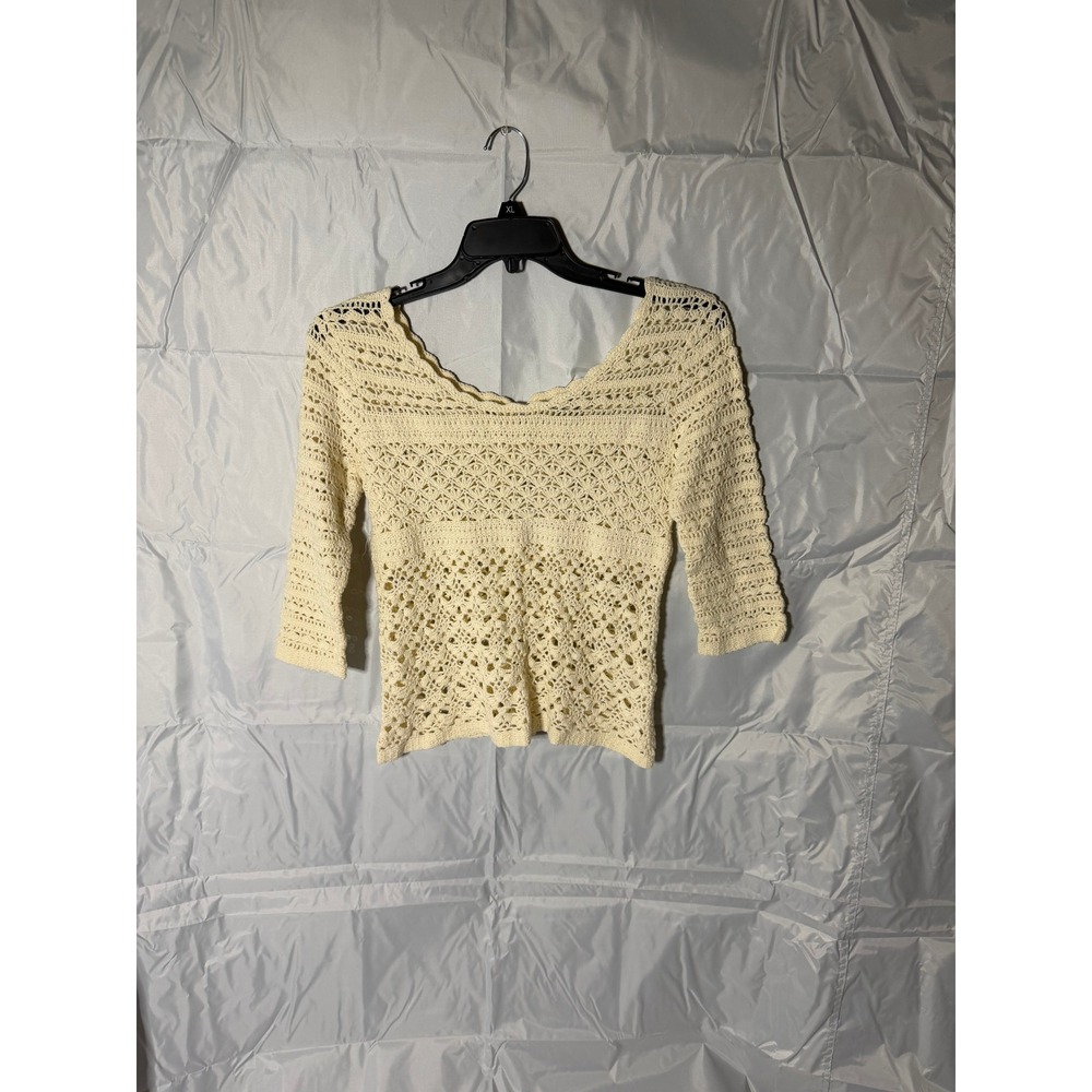 Lucky Brand Cream Crochet Knit Top 100% Cotton 3/4 Sleeve Boho Pointelle Medium